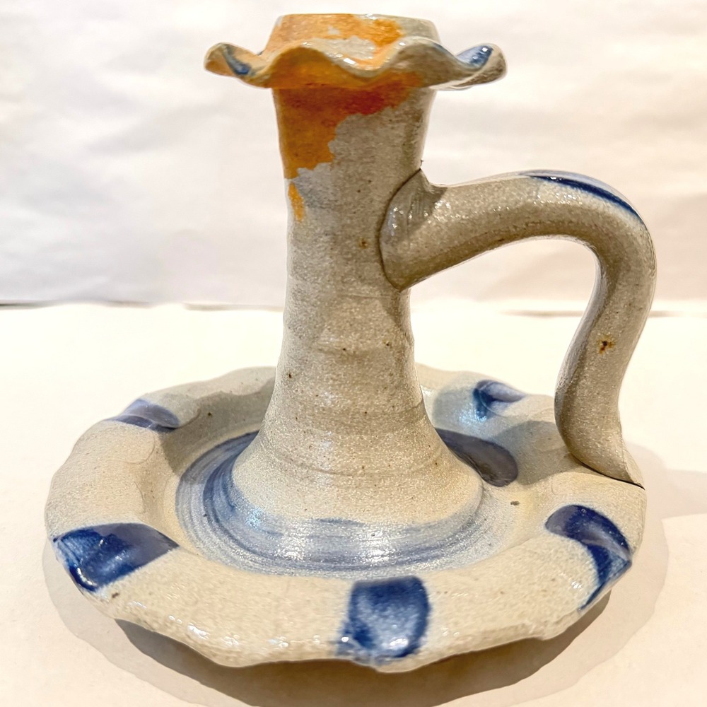 Rowe Pottery Works 1992 Salt Glaze‎ Chamber Stick Candleholder Cobalt Floral
